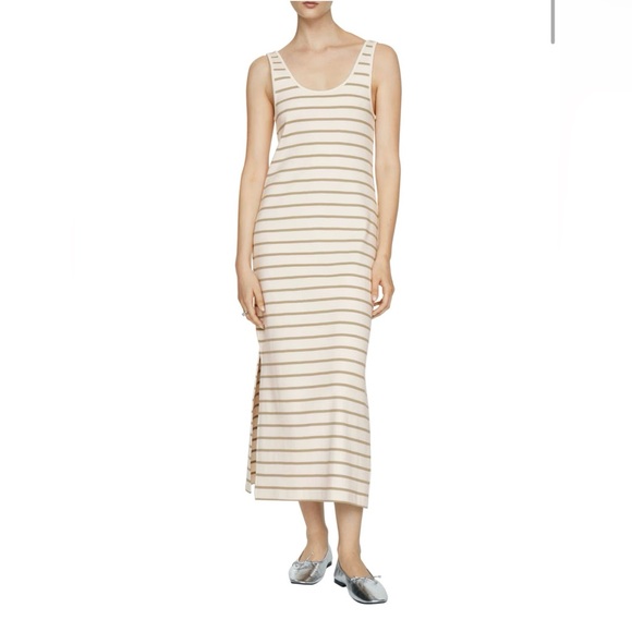 NEW Mng Mango 100% Cotton Cream And Sage Green Striped Maxi Tank Dress Side Slit - Picture 1 of 12
